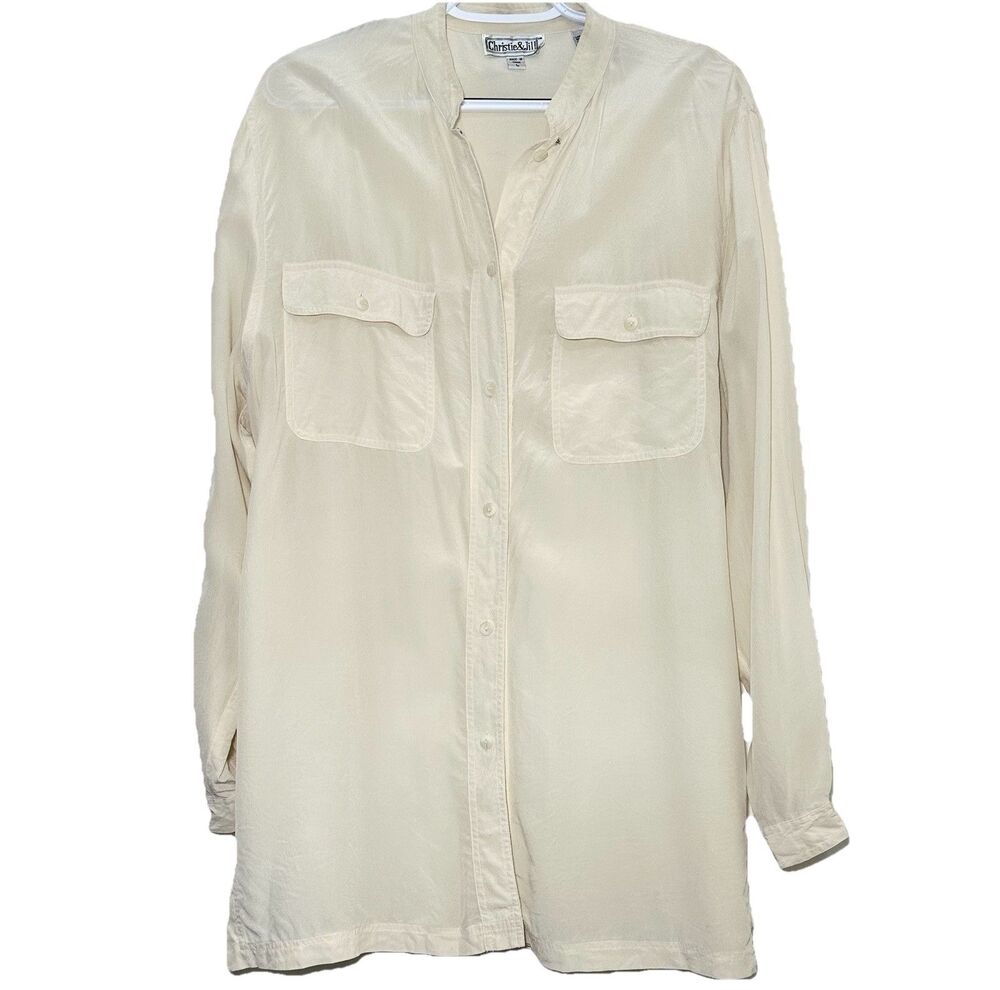 Christie & Jill Silk Blouse Cream Button Front Pockets Size Large